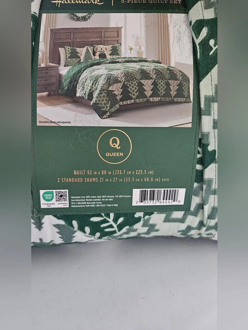NWT Hallmark Patchwork Trees 3-Piece Flannel Quilt Set Holiday Green Queen